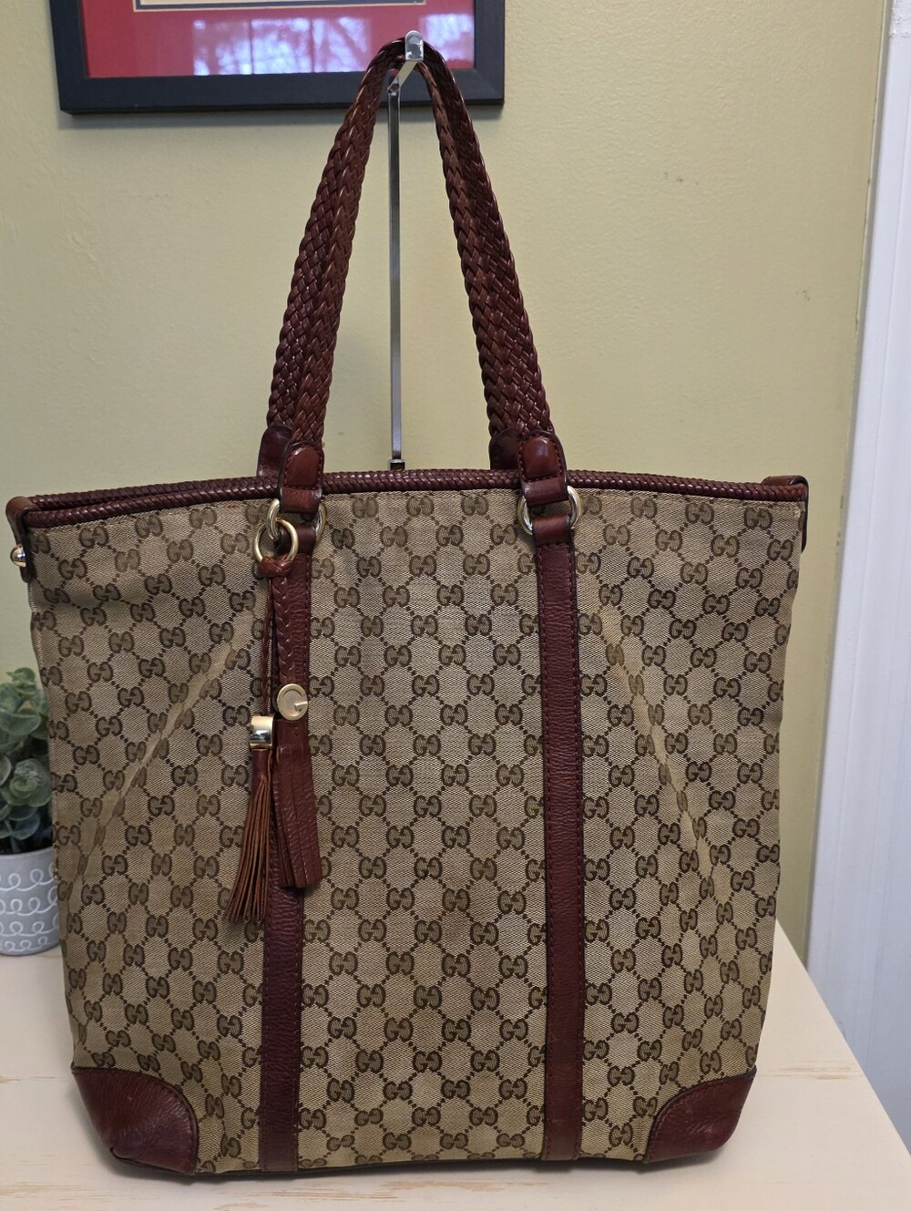 Gucci | Original GG Canvas Marrakech Tote With Burgundy Leather Trim